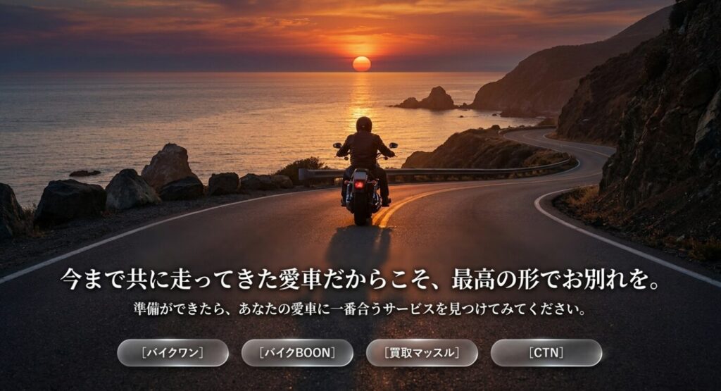 画像タイトル: 愛車と最高の形で別れるための査定選び
代替テキスト: 夕日の海沿いを走るライダーを背景に、今まで共に走ってきた愛車を最高の形で手放すための査定選びを促すスライド
