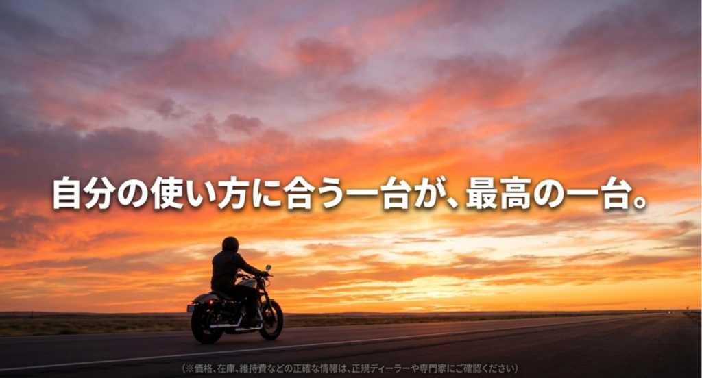 画像タイトル: 自分の使い方に合う一台こそ最高のスポーツスター
代替テキスト: 夕焼けの道を走るバイクを背景に、自分の使い方に合う一台こそ最高の一台であることを伝える締めのスライド