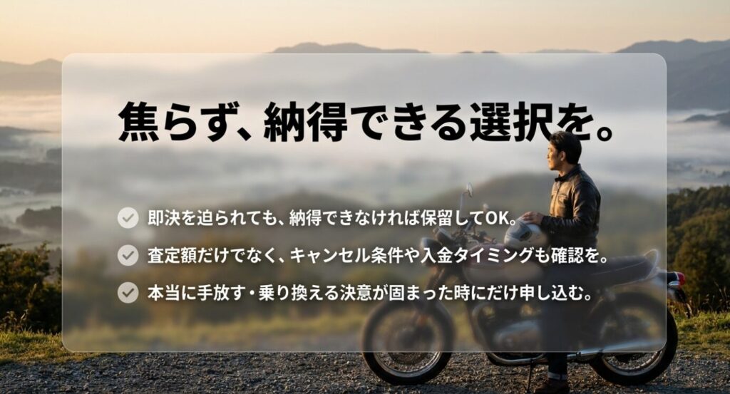 画像タイトル: バイク査定で焦らず納得して判断するための注意点
代替テキスト: 山並みを見渡すライダーとバイクを背景に、即決を迫られても保留してよいことや査定額以外の条件確認の重要性を示したスライド