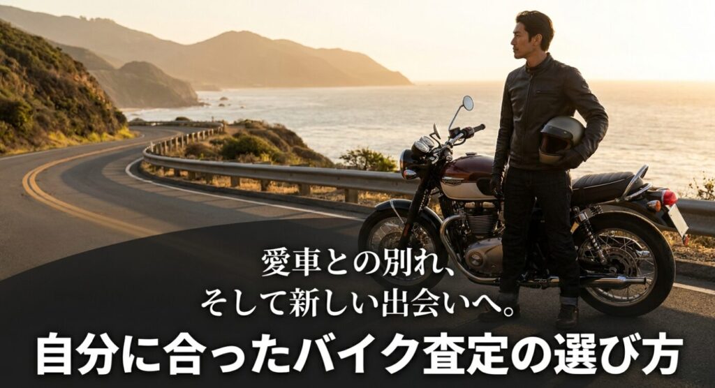 画像タイトル: 自分に合ったバイク査定の選び方
代替テキスト: 海沿いの道で愛車と向き合うライダーを背景に、自分に合ったバイク査定の選び方を示したスライド