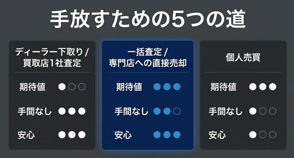 画像タイトル: バイクを手放す5つの方法を比較する
代替テキスト: ディーラー下取り、買取店査定、一括査定、専門店への直接売却、個人売買を比較したスライド
