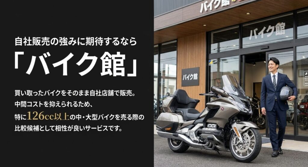画像タイトル: 自社販売網を持つバイク買取サービス
代替テキスト: バイク販売店の前に立つ男性と大型バイクを背景に、自社販売網を持つ買取サービスの強みを示したスライド