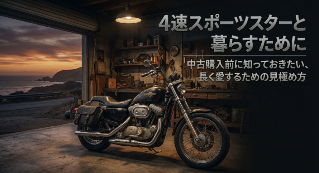 画像タイトル: 4速スポーツスターと暮らすための中古購入前チェック
代替テキスト: 4速スポーツスターを中古で購入する前に、長く愛するための見極め方や注意点を確認する重要性を伝えるスライド