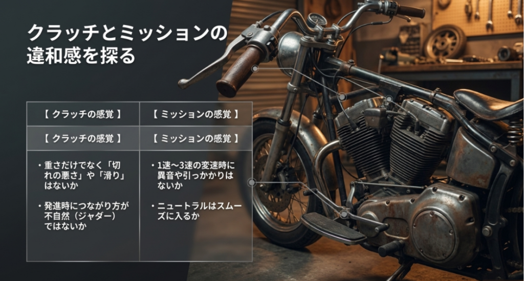 画像タイトル: 4速スポーツスターのクラッチとミッションの違和感を探る
代替テキスト: 4速スポーツスターの中古車を見る際に、クラッチの切れや滑り、発進時のつながり方、ミッションの変速時の異音や引っかかりを確認する重要性を示すスライド