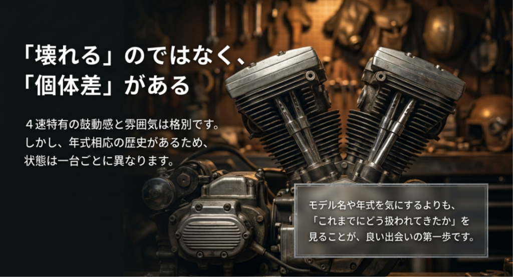 画像タイトル: 4速スポーツスターは壊れるより個体差を見るべき
代替テキスト: 4速スポーツスターは一律に壊れると判断するのではなく、年式相応の歴史や扱われ方による個体差を見ることが大切だと説明するスライド