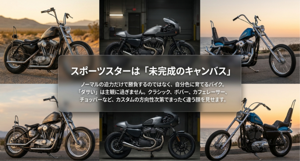 画像タイトル: スポーツスターは自分らしく育てる未完成のキャンバス
代替テキスト: 複数のカスタムバイクを背景に、スポーツスターはノーマルの迫力だけでなく自分好みに育てる楽しさがあることを示したスライド