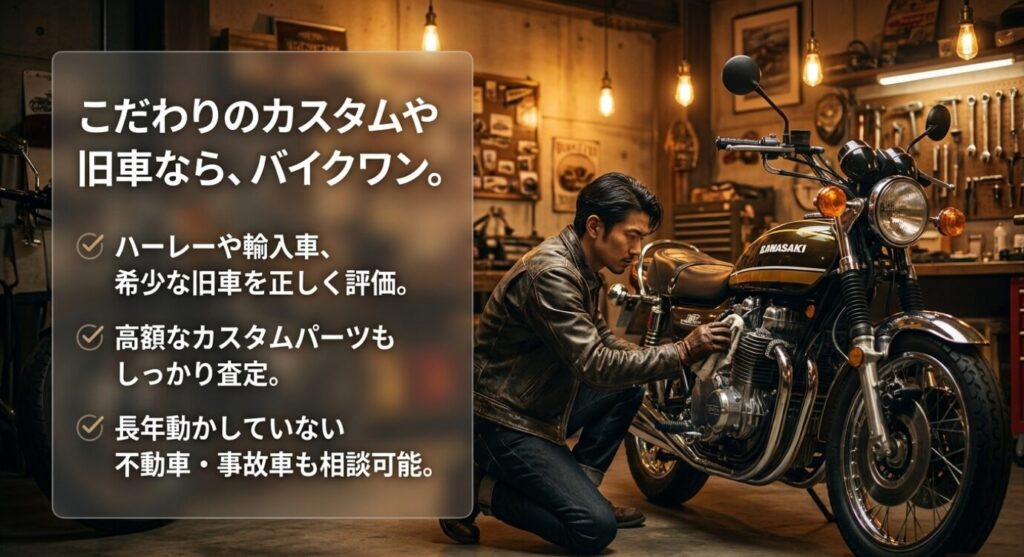 画像タイトル: カスタム車や旧車を相談しやすいバイクワン
代替テキスト: ガレージで旧車を整備する男性を背景に、カスタム車や旧車、不動車や事故車を相談しやすいバイクワンの特徴を示したスライド