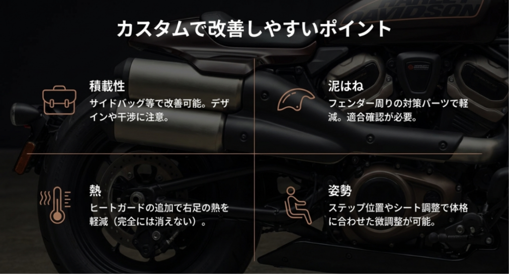 画像タイトル: スポーツスターSのカスタムで改善しやすい部分
代替テキスト: スポーツスターSの積載性、泥はね、熱、姿勢などカスタムで改善を考えやすいポイントを整理したスライド