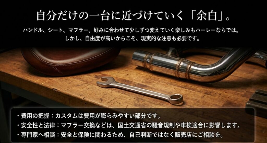 画像タイトル: 自分だけの一台に近づけるカスタムの余白
代替テキスト: シートやマフラー、工具を背景に、カスタムの自由度と費用・安全・法規面の注意点を示したスライド