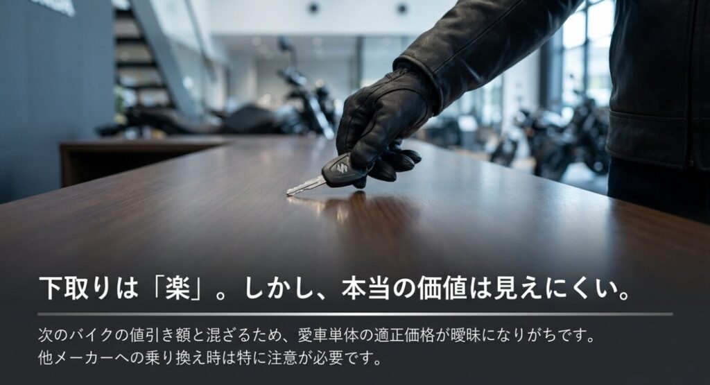 画像タイトル: ディーラー下取りは楽だが本当の査定額が見えにくい
代替テキスト: ディーラー下取りは手続きが楽な一方で、値引きと下取り額が混ざり愛車の本当の価値が見えにくいことを示したスライド