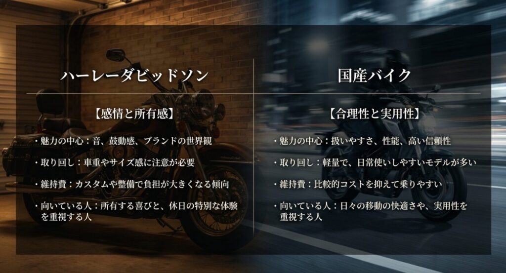 画像タイトル: 感性と所有感で選ぶバイクと合理性で選ぶバイクの違い
代替テキスト: ハーレーダビッドソンと国産バイクを左右に分け、所有感や実用性など選び方の違いを比較したスライド