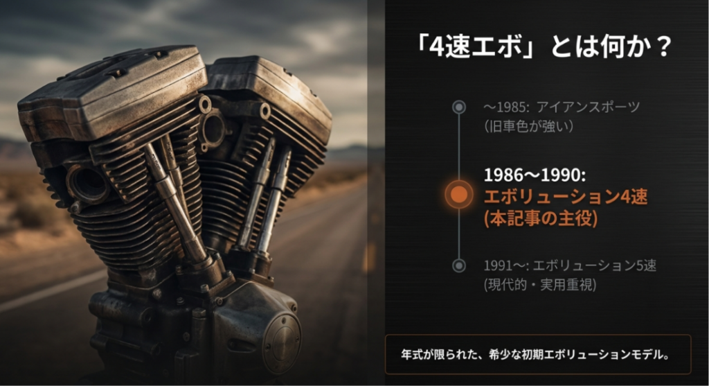 画像タイトル: 4速エボの年式範囲とスポーツスター世代の違い
代替テキスト: アイアンスポーツ、1986年から1990年のエボリューション4速、1991年以降の5速モデルの違いを時系列で整理したスライド