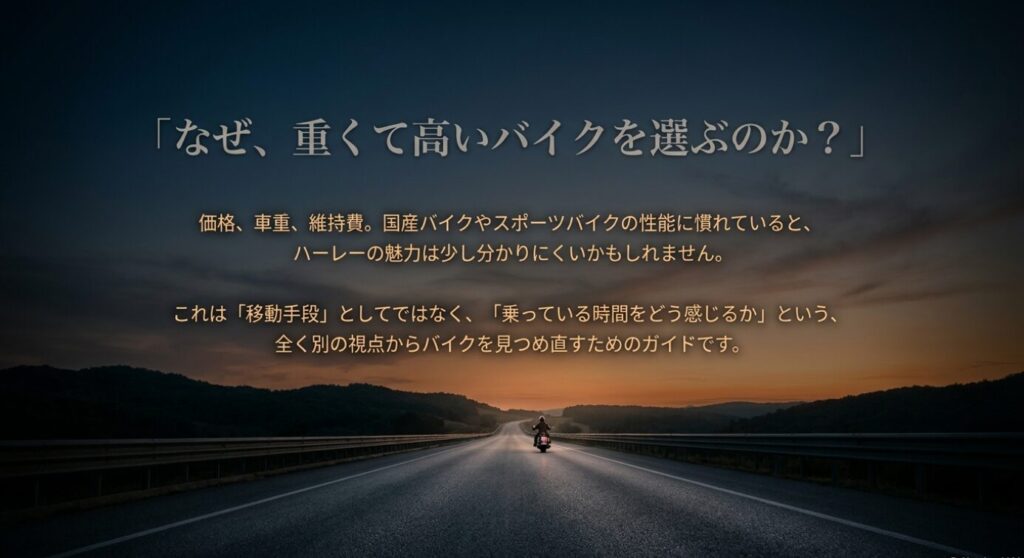 画像タイトル: なぜ重くて高いバイクを選ぶのか
代替テキスト: 夕暮れの道を走るバイクとともに、価格や車重では測れないバイクの魅力を問いかけるスライド