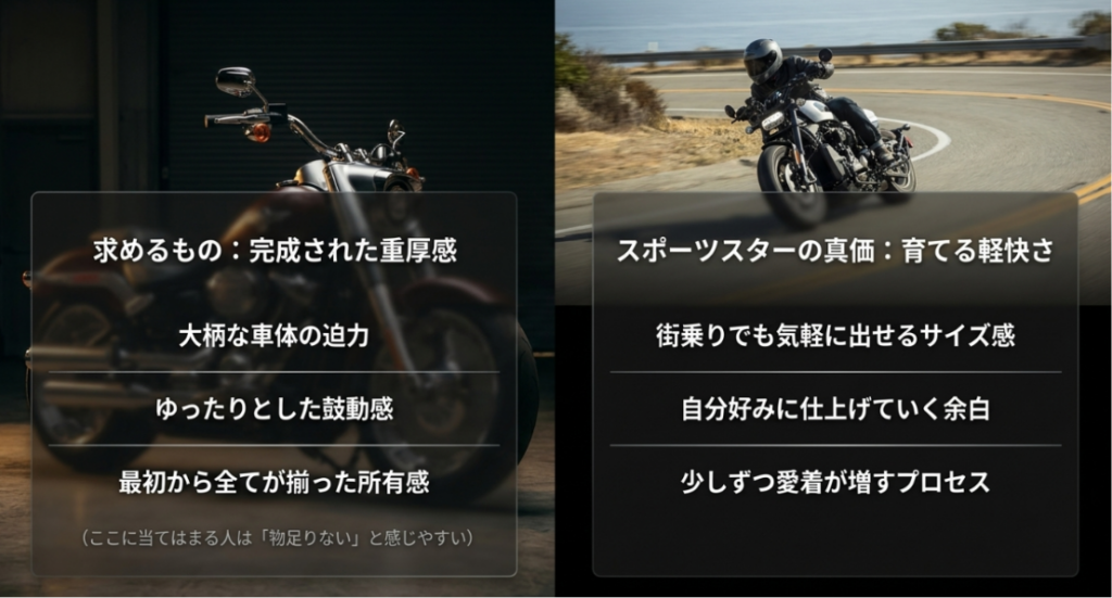 画像タイトル: 完成された重厚感と育てる軽快さの違い
代替テキスト: 重厚な所有感を求める人と、街乗りで軽快に楽しみながら自分好みに育てる人の違いを比較したスライド