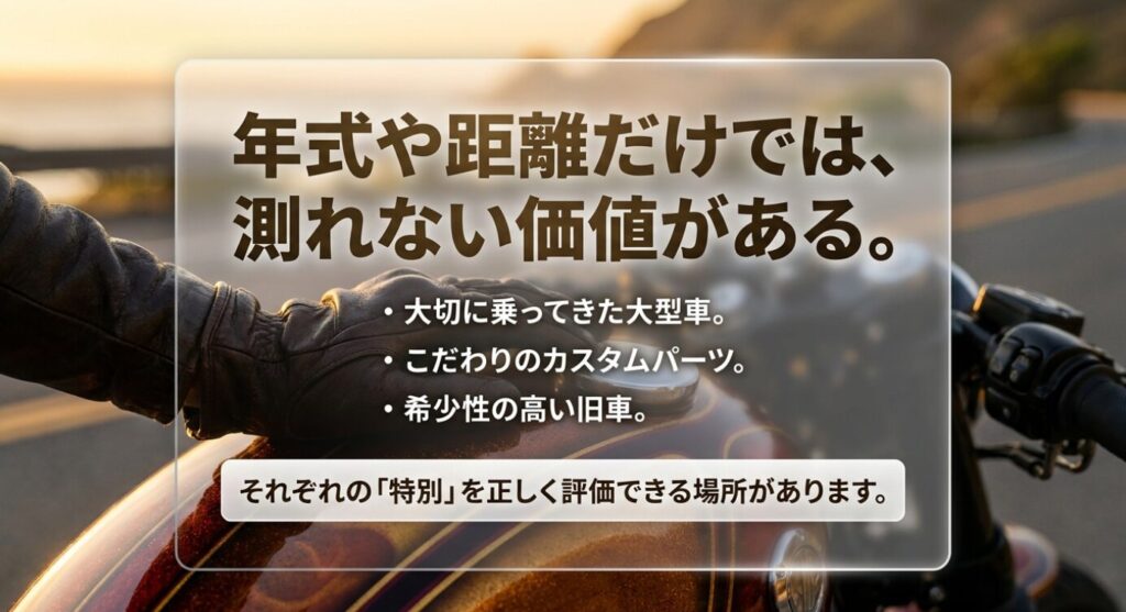 画像タイトル: 年式や距離だけでは測れないバイクの価値
代替テキスト: バイクのタンクに手を添えるライダーを背景に、大型車やカスタムパーツ、旧車の価値は年式や距離だけでは測れないことを示したスライド