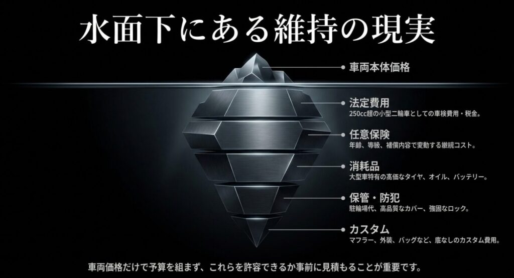 画像タイトル: 水面下にある維持費の現実
代替テキスト: 氷山の図を使い、車両本体価格だけでなく法定費用、任意保険、消耗品、保管、防犯、カスタム費用を示したスライド