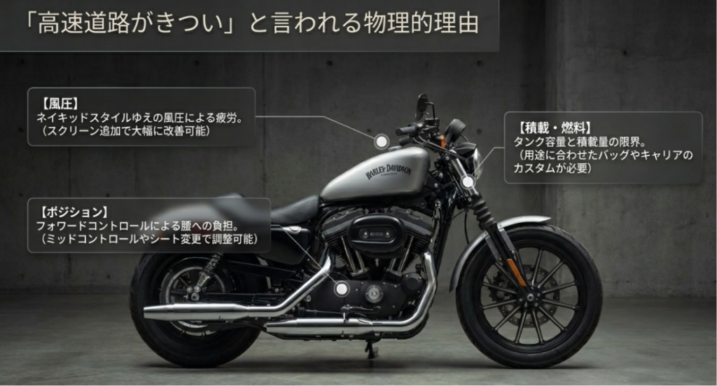 画像タイトル: スポーツスターで高速道路がきついと言われる理由
代替テキスト: スポーツスターで高速道路がきついと言われる理由を、風圧、ポジション、積載や燃料の制約に分けて説明したスライド