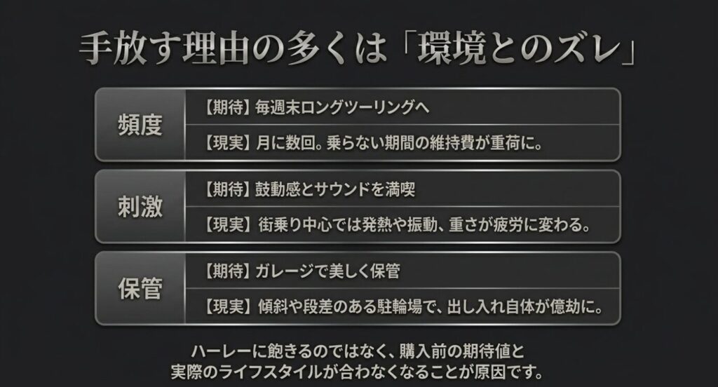 画像タイトル: 手放す理由の多くは環境とのズレ
代替テキスト: 頻度、刺激、保管という3つの観点から、購入前の期待と実際のライフスタイルのズレを整理したスライド