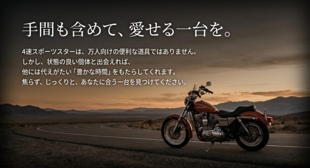 画像タイトル: 4速スポーツスターは手間も含めて愛せる一台
代替テキスト: 4速スポーツスターは万人向けの便利な道具ではないが、状態のよい個体に出会えれば豊かな時間をもたらしてくれることを伝える締めのスライド