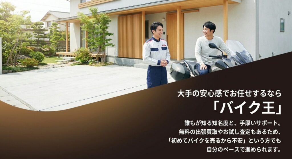 画像タイトル: 大手の安心感で選ぶバイク買取査定
代替テキスト: 自宅前で査定スタッフとバイク所有者が会話する場面を背景に、大手の安心感と無料出張買取の特徴を示したスライド