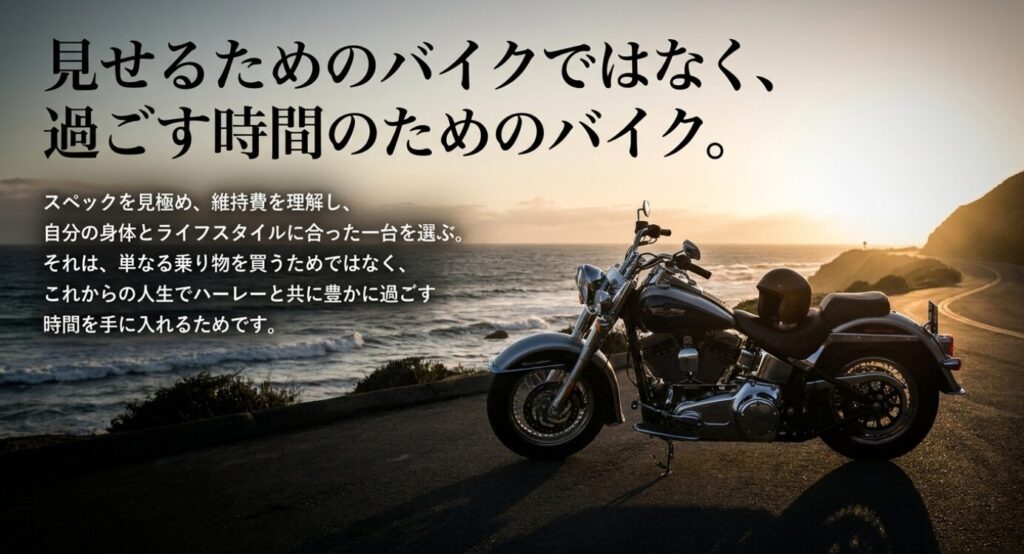 画像タイトル: 見せるためではなく過ごす時間のためのバイク
代替テキスト: 海沿いの夕景に停められたバイクを背景に、見せるためではなく過ごす時間のために選ぶバイクという結論を示したスライド