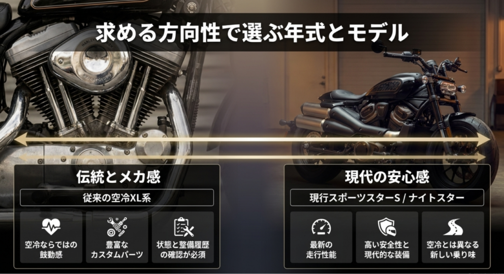 画像タイトル: 求める方向性で選ぶスポーツスターの年式とモデル
代替テキスト: 従来の空冷系と現行スポーツスターSやナイトスターを比較し、伝統とメカ感か現代の安心感かで選ぶ方向性を示したスライド