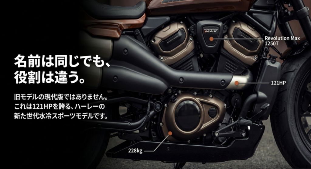 画像タイトル: スポーツスターSは旧モデルとは違う新世代モデル
代替テキスト: スポーツスターSがRevolution Max 1250Tエンジンと121HPの高出力を持つ新世代モデルであることを示したスライド