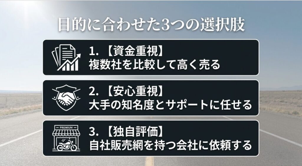 画像タイトル: 目的に合わせたバイク査定の3つの選択肢
代替テキスト: 資金重視・安心重視・独自評価の3つに分けて、バイク査定サービスの選び方を整理したスライド