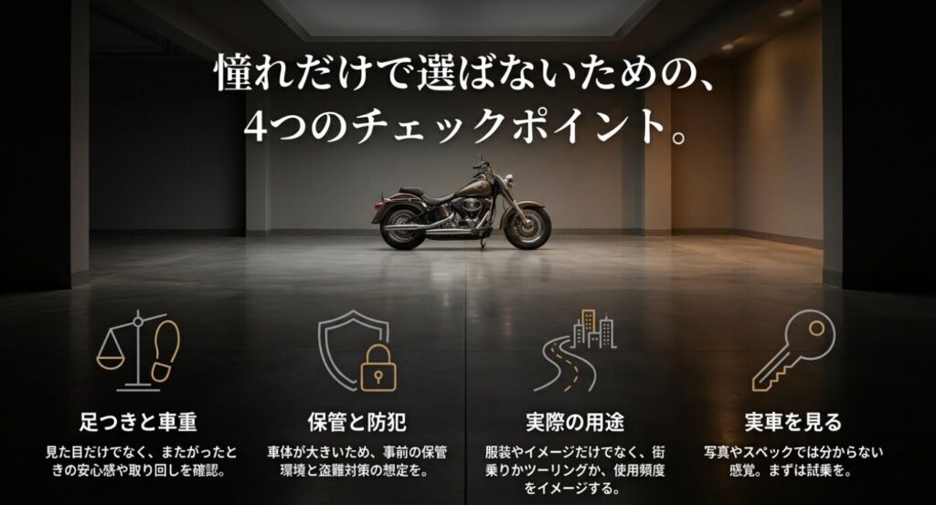 画像タイトル: 憧れだけで選ばないための4つのチェックポイント
代替テキスト: 足つきと車重、保管と防犯、実際の用途、実車確認という購入前の4つのチェックポイントを示したスライド