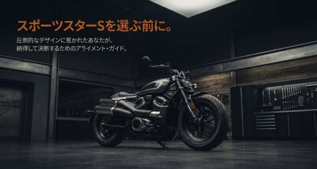 画像タイトル: スポーツスターSを選ぶ前に確認したい判断ポイント
代替テキスト: スポーツスターSを選ぶ前に、デザインへの憧れと購入後の後悔を防ぐ判断ポイントを示したスライド
