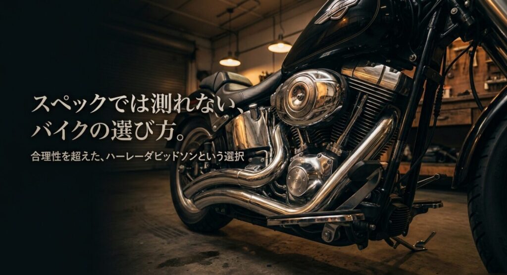 画像タイトル: スペックでは測れないハーレーダビッドソンの選び方
代替テキスト: ガレージに停められた大型バイクを背景に、スペックでは測れないバイクの選び方を示したスライド