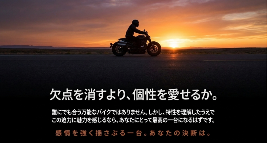 画像タイトル: スポーツスターSは欠点より個性を愛せるかで選ぶ
代替テキスト: スポーツスターSは万能バイクではないが、欠点を理解したうえで個性や迫力に魅力を感じる人には満足度の高い一台になることを示したスライド