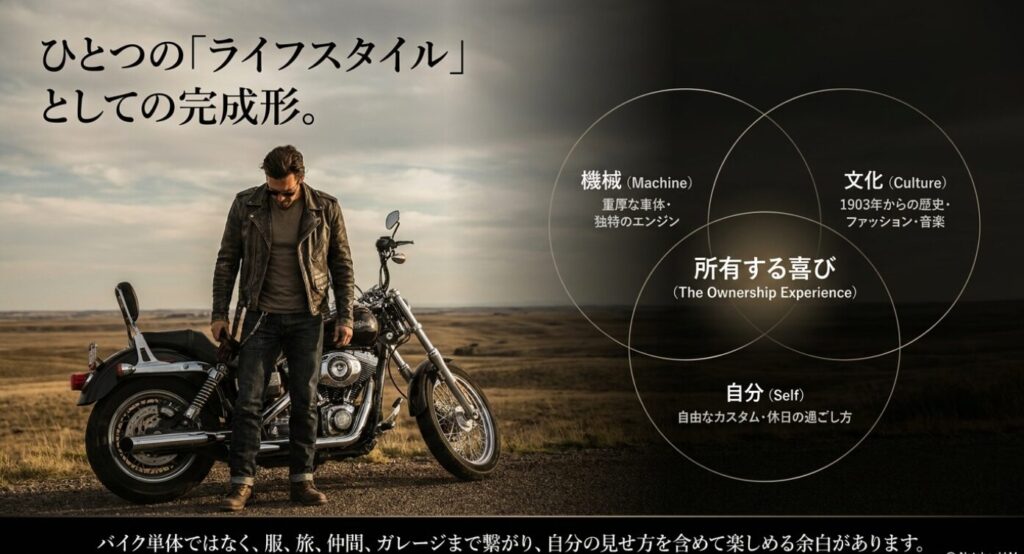 画像タイトル: バイクをライフスタイルとして楽しむ魅力
代替テキスト: バイク、機械、文化、自分らしさが重なり、所有する喜びにつながることを示したスライド