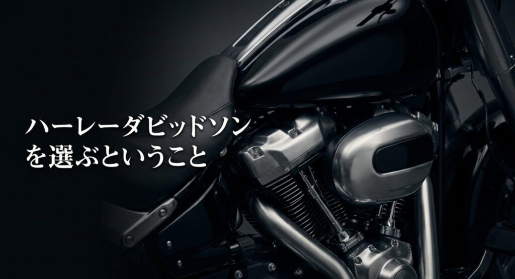 画像タイトル: ハーレーダビッドソンを選ぶということ
代替テキスト: 黒いバイクのエンジン周辺を背景に、ハーレーダビッドソンを選ぶということを示した導入スライド