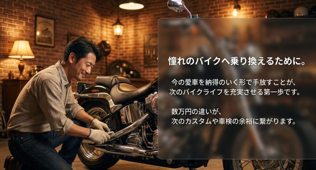 画像タイトル: 乗り換え資金を増やすための愛車売却
代替テキスト: ガレージでバイクを整備する男性と、乗り換え資金を増やすために愛車を納得して手放す重要性を示したスライド