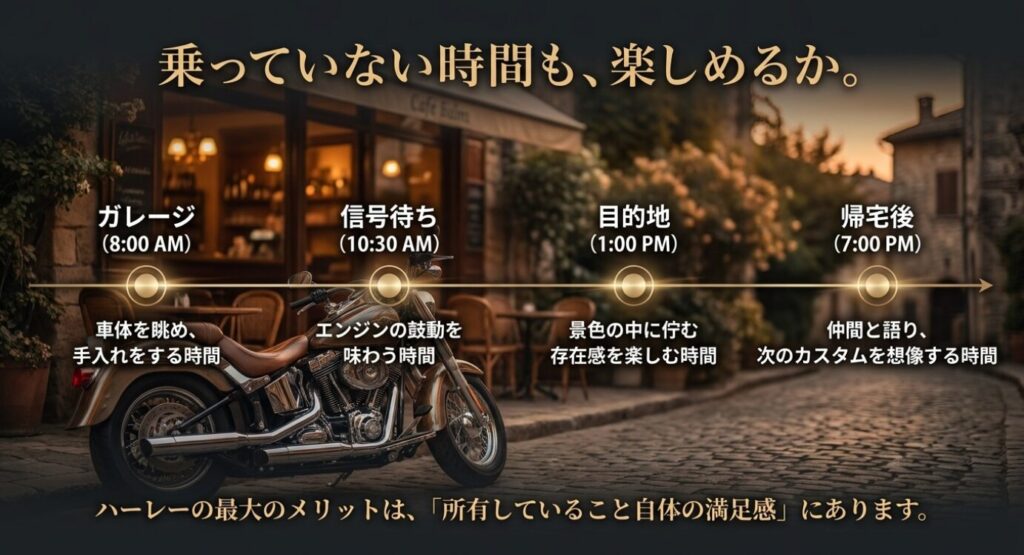 画像タイトル: 乗っていない時間も楽しめる所有感
代替テキスト: ガレージ、信号待ち、目的地、帰宅後までの時間軸で、バイク所有の満足感を表したスライド