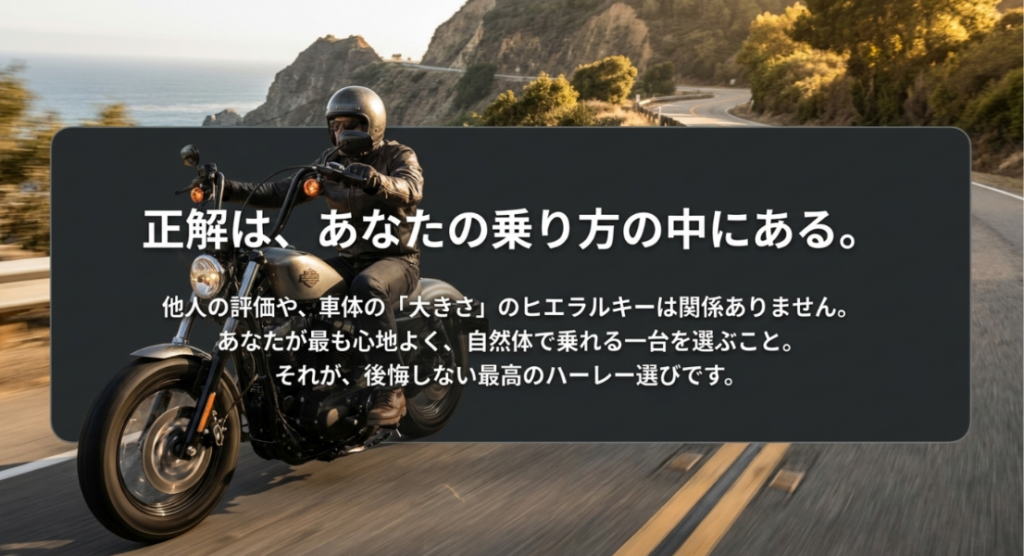 画像タイトル: 正解は自分の乗り方の中にあるという結論画像
代替テキスト: 海沿いの道を走るバイクを背景に、他人の評価や車体の大きさではなく自分に合う乗り方で選ぶことが大切だと伝えるスライド