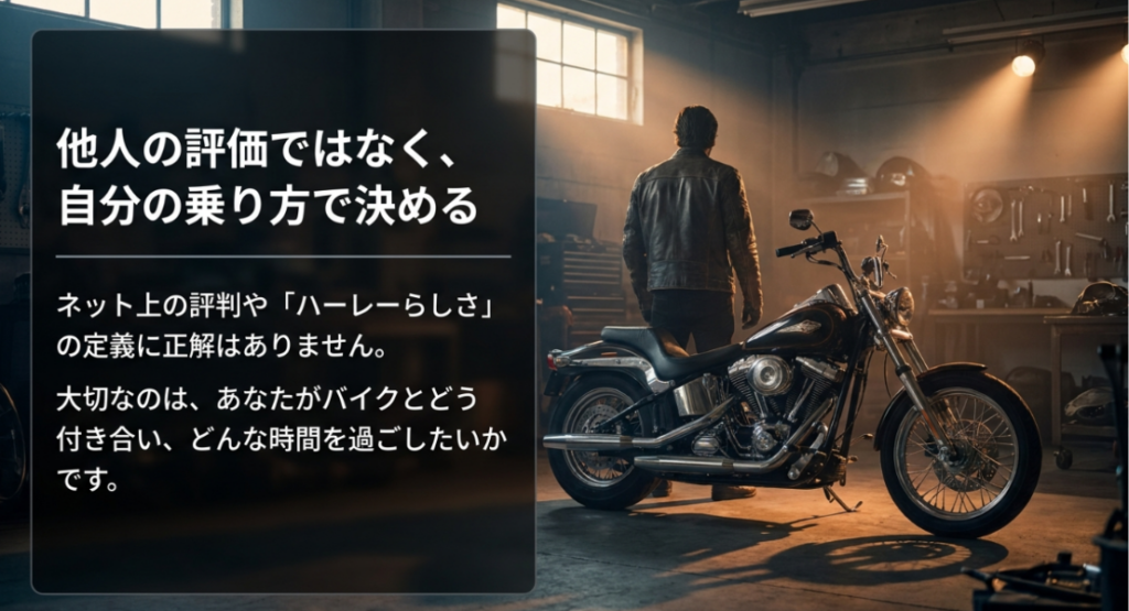 画像タイトル: 他人の評価ではなく自分の乗り方で決めるスポーツスター選び
代替テキスト: ガレージ内のバイクとライダーを背景に、ネット上の評価ではなく自分の乗り方でスポーツスターを選ぶ大切さを示したスライド