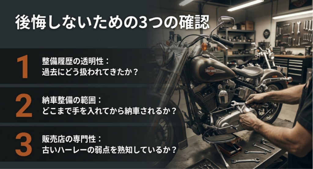 画像タイトル: 4速スポーツスターで後悔しないための3つの確認
代替テキスト: 4速スポーツスターの中古購入前に、整備履歴の透明性、納車整備の範囲、販売店の専門性を確認する必要があることをまとめたスライド