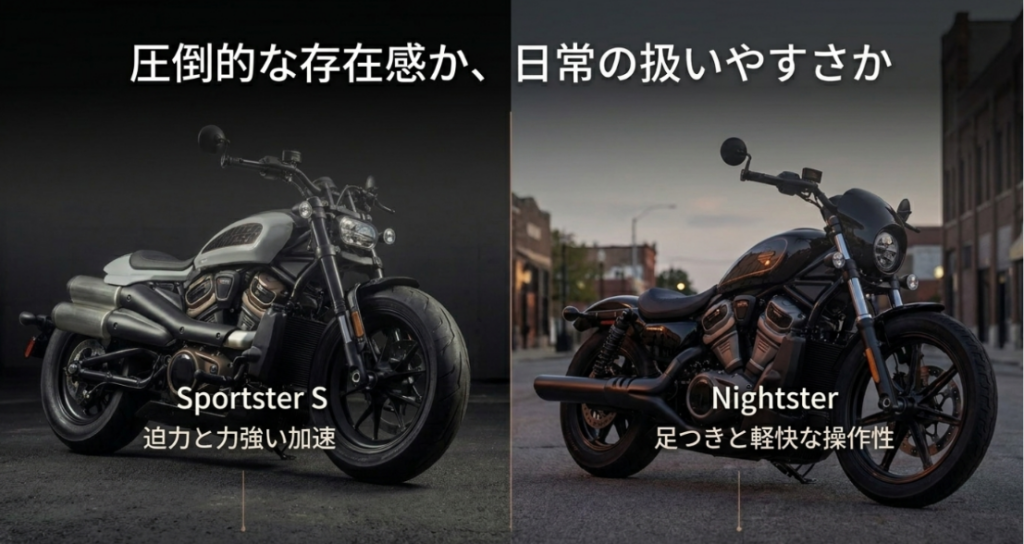 画像タイトル: スポーツスターSとナイトスターの方向性比較
代替テキスト: スポーツスターSは圧倒的な存在感と加速、ナイトスターは足つきと扱いやすさを重視するモデルとして比較したスライド