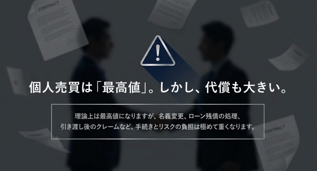 画像タイトル: 個人売買は高値を狙えるが手続きリスクも大きい
代替テキスト: 個人売買は理論上高値を狙える一方で、名義変更やローン残債、引き渡し後のクレームなどの負担が大きいことを示したスライド