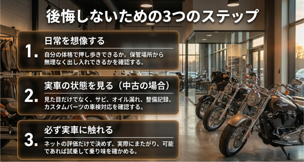 画像タイトル: スポーツスターで後悔しないための3つの確認ステップ
代替テキスト: 日常での扱いやすさ、中古車の状態確認、実車確認や試乗の3ステップで、スポーツスター購入前の確認点を整理したスライド