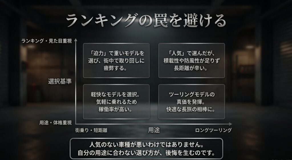 画像タイトル: ランキングの罠を避けるバイク選び
代替テキスト: 見た目重視や用途重視の選択基準を図で整理し、人気ランキングだけで選ばない大切さを示したスライド