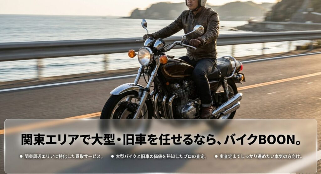 画像タイトル: 関東周辺で大型車や旧車を任せるバイクBOON
代替テキスト: 海沿いを走る大型バイクを背景に、関東周辺エリアで大型車や旧車の査定に向くバイクBOONの特徴を示したスライド