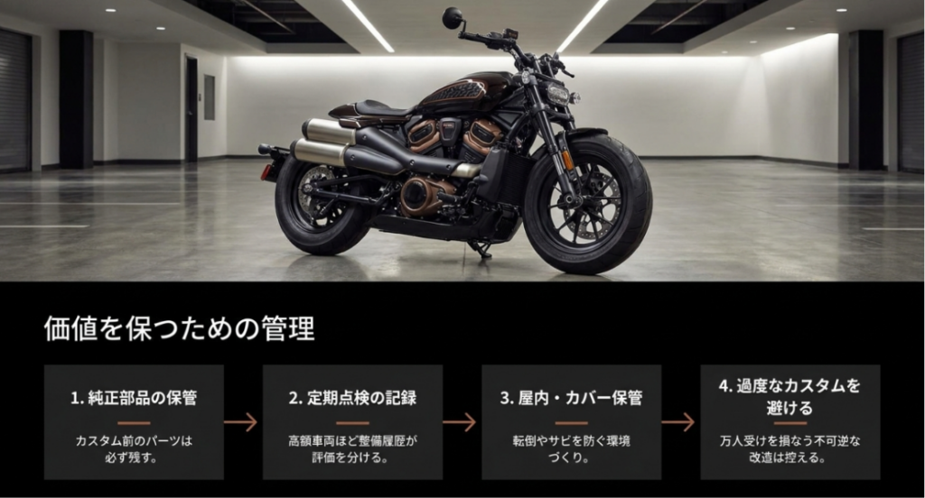 画像タイトル: スポーツスターSの価値を保つための管理
代替テキスト: スポーツスターSのリセールを意識して純正部品の保管、定期点検記録、屋内保管、過度なカスタム回避を示したスライド