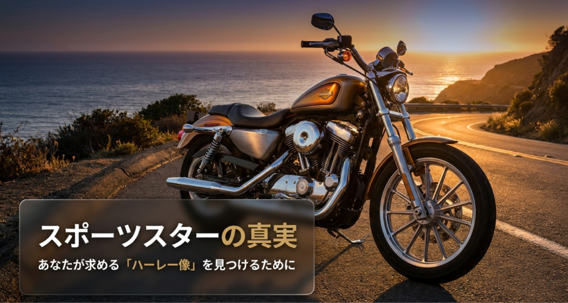 夕暮れの海沿いのワインディングロードに停まるスポーツスターを背景に、「スポーツスターの真実」「あなたが求める『ハーレー像』を見つけるために」という文字を配置した導入スライド。スポーツスターが正式なハーレーなのか、ビッグツインとは何が違うのかを考える記事の冒頭画像。