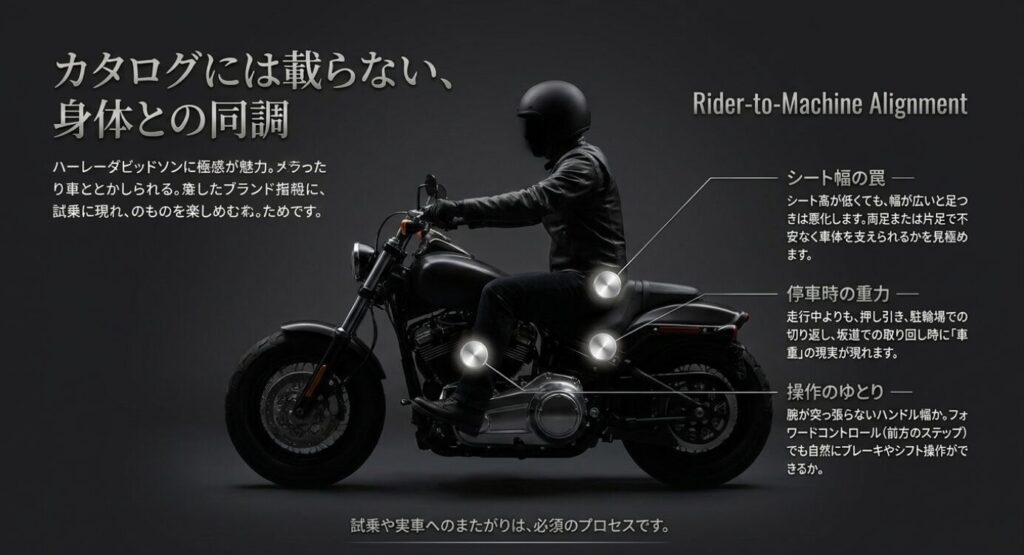 画像タイトル: カタログには載らない身体との同調
代替テキスト: バイクにまたがるライダーの姿勢を示し、シート幅、停車時の重力、操作のゆとりを確認する重要性を説明したスライド