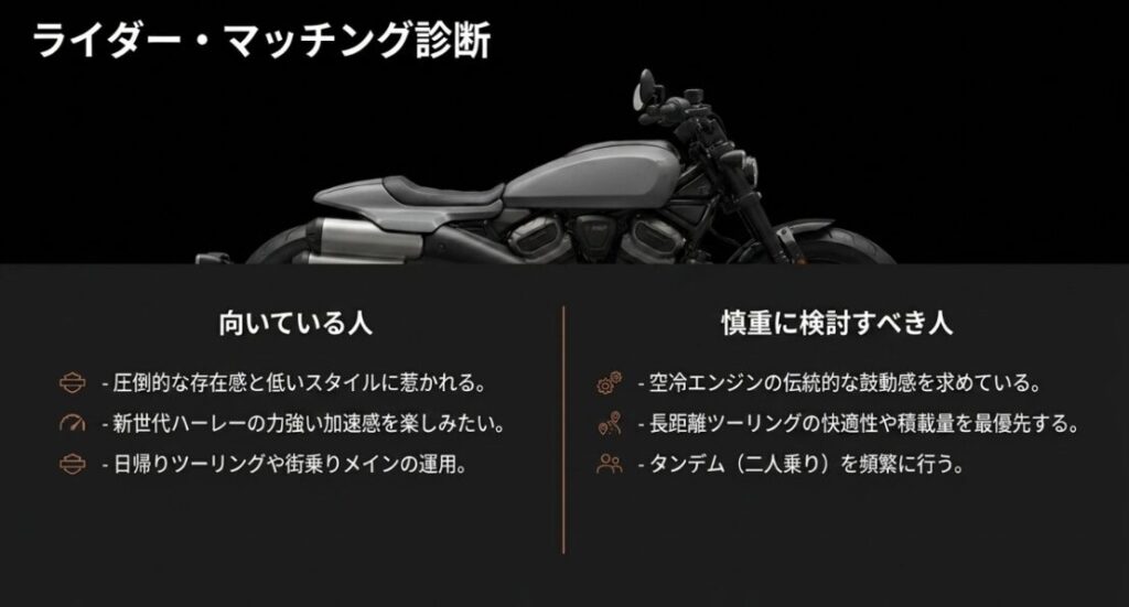 画像タイトル: スポーツスターSが向いている人と慎重に検討すべき人
代替テキスト: スポーツスターSが向いている人と慎重に検討すべき人を、存在感、加速、長距離快適性、タンデム重視などで整理したスライド