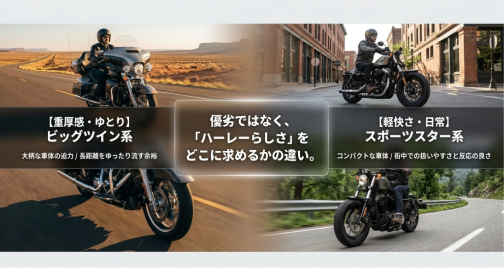 画像タイトル: ビッグツイン系とスポーツスター系のハーレーらしさの違い
代替テキスト: 重厚でゆったり走るビッグツイン系と、軽快で日常的に扱いやすいスポーツスター系の違いを比較したスライド