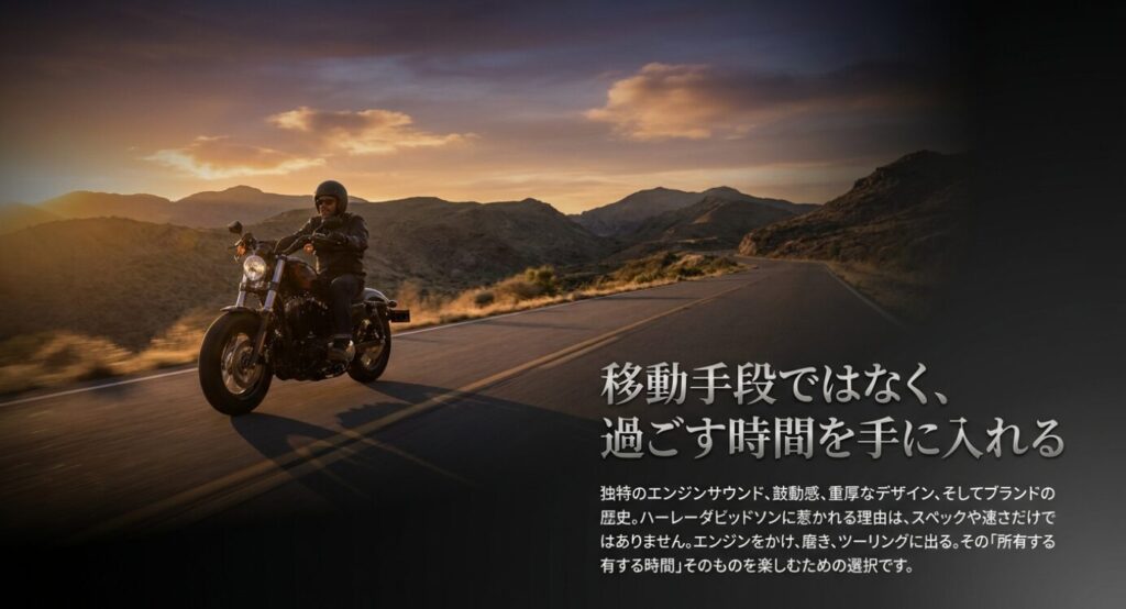 画像タイトル: 移動手段ではなく過ごす時間を手に入れる選択
代替テキスト: 夕暮れの山道を走るライダーとともに、バイクを移動手段ではなく過ごす時間として捉える考え方を示したスライド